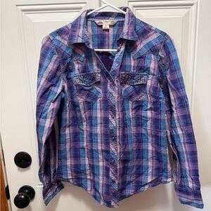 Cumberland Outfitters Embroidered Cotton Purple Metallic Plaid Button Down Small